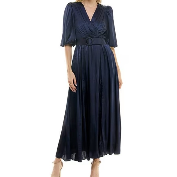 Taylor Dresses & Skirts - Taylor Satin Crinkle Crepe Surplice V-Neck Elbow Puff Sleeve Belted Maxi Dress 2